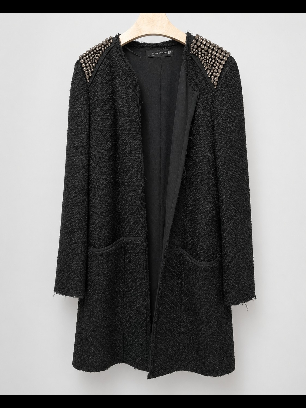 Zara Black Textured Open Coat with Studded Shoulders